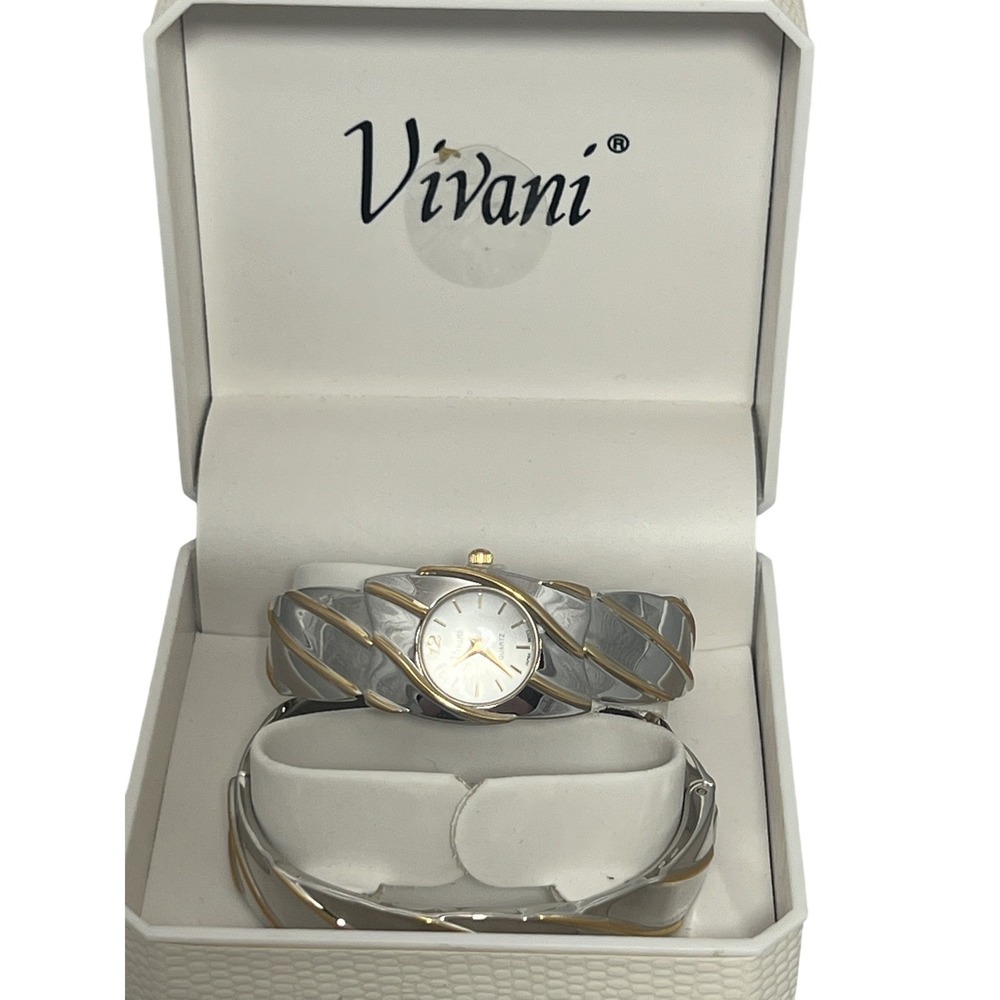 Vivani Women's Two-Tone Bangle Cuff Quartz Wristwatch & Matching Bracelet Set